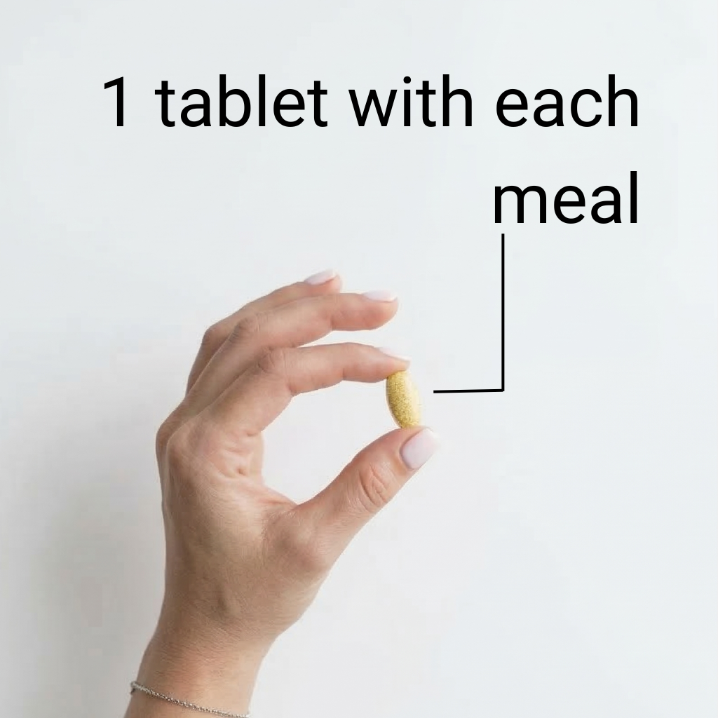 Infographic of a hand holding a single Buffered Vitamin C tablet with the text "Take one tablet daily with a meal" for optimal digestion.