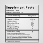 Infographic summarizing the benefits of Buffered Vitamin C 1000mg tablets, including Zinc synergy and non-acidic mineral ascorbates.