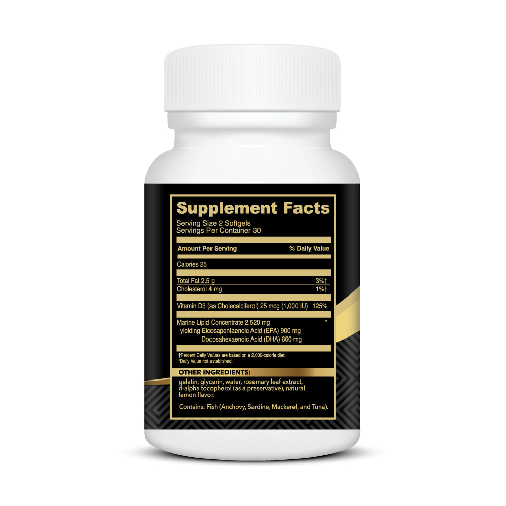 The Gold Standard Omega-3 supplement facts label showing natural triglyceride form fish oil and 1,000 IU of Vitamin D3.