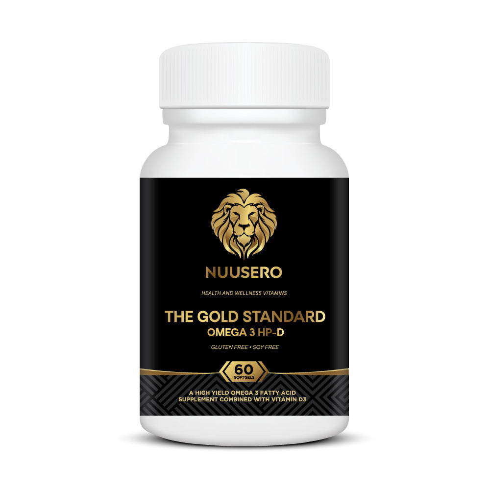 Front of Bottle: High potency omega-3 fish oil capsules with vitamin D3 supplement
