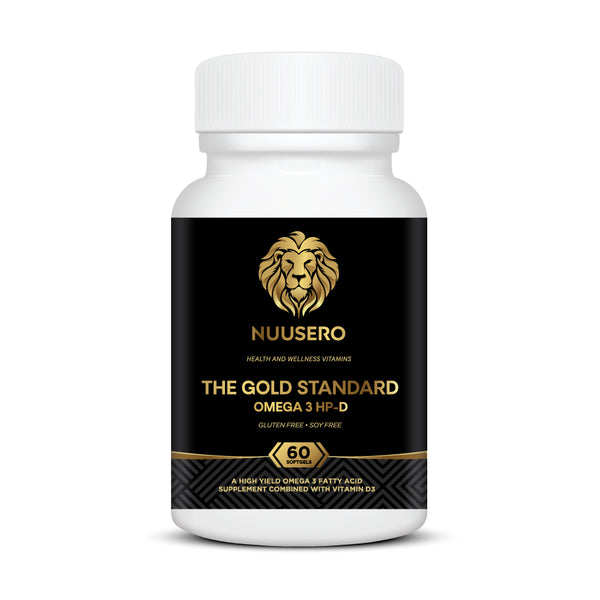 Front of Bottle: High potency omega-3 fish oil capsules with vitamin D3 supplement
